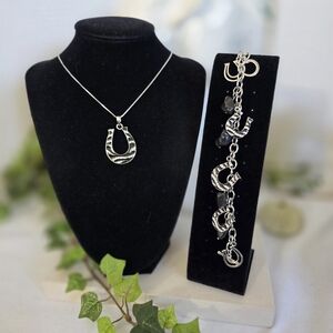 Silver Zebra Print Horseshoe Necklace Pendant and Charm Bracelet Set